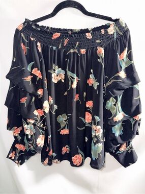 Scripted Floral Off-Shoulder Black Ruffle Blouse with layered sleeves. Romantic